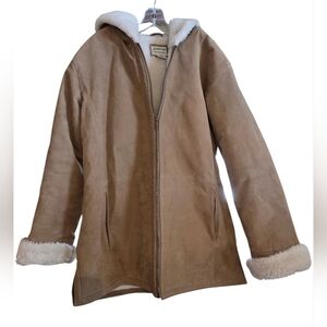 St Johns Bay Washable Suede Leather Coat Hood Tan Penny Lane Sherpa  Size Large